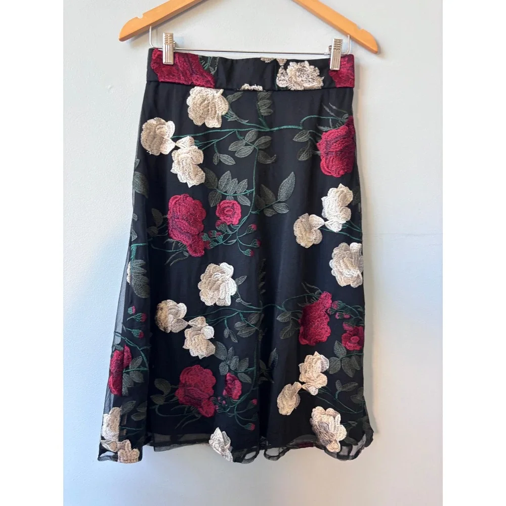Ralph Lauren‎ top with matching ECI Floral Embroidered Skirt Black Red Roses set